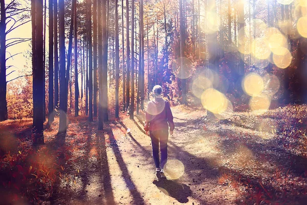 Kadın Spor Tarzı Sonbahar Ormanı Sarı Bir Park Yaprağında Sonbahar — Stok fotoğraf