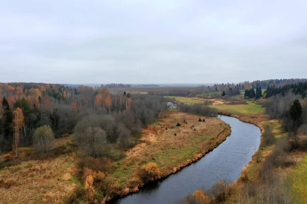 Ποταμός Φθινόπωρο Θέα Από Drone Δάσος Τοπίο Πανοραμική Θέα Εναέρια — Φωτογραφία Αρχείου