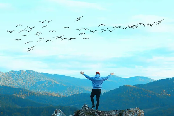 Pessoa Voando Pássaros Liberdade Montanhas Vencedor Férias Conceito Natureza Paisagem — Fotografia de Stock