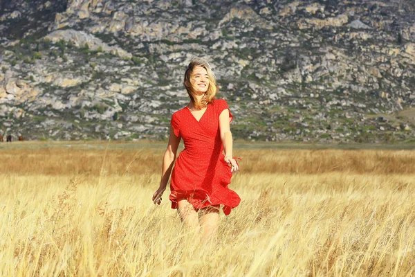 フィールドの山の少女は 環境に優しい 夏の風景活動的な残りの部分をドレス — ストック写真