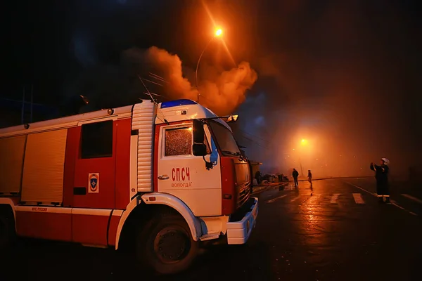 Vologda Russia September Fire Red Truck Night City Fire Smoke — Stock Photo, Image