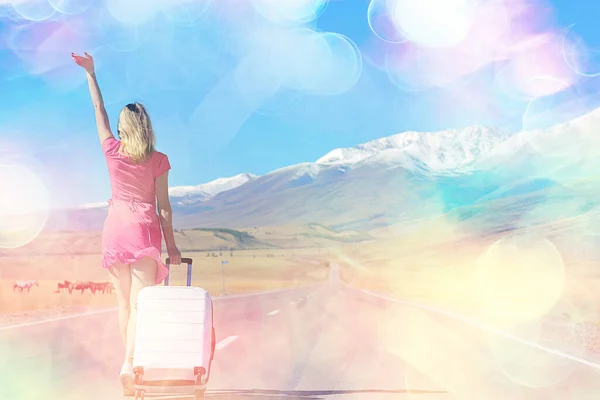 Female Concept Hitchhiking Dress Luggage Woman Travel Tourist — Stock Photo, Image