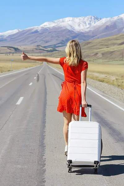 Female Concept Hitchhiking Dress Luggage Woman Travel Tourist — Stock Photo, Image