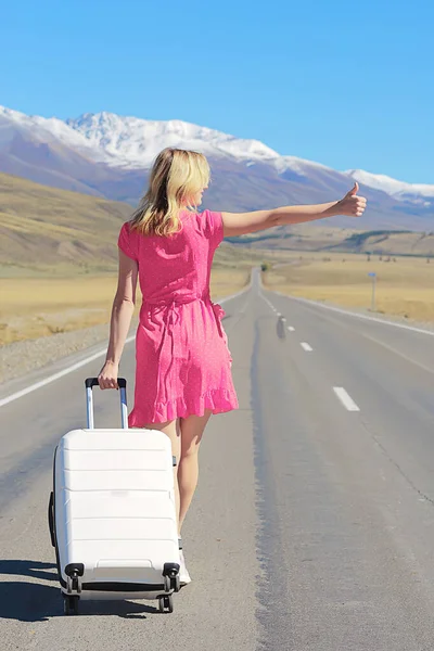 Female Concept Hitchhiking Dress Luggage Woman Travel Tourist — Stock Photo, Image