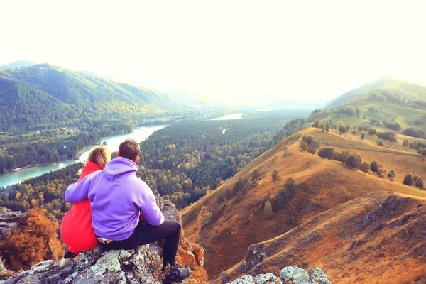 Couple Autumn Altai Lovers Mountains Active Adventures Travel Happy Tourism — Stock Photo, Image