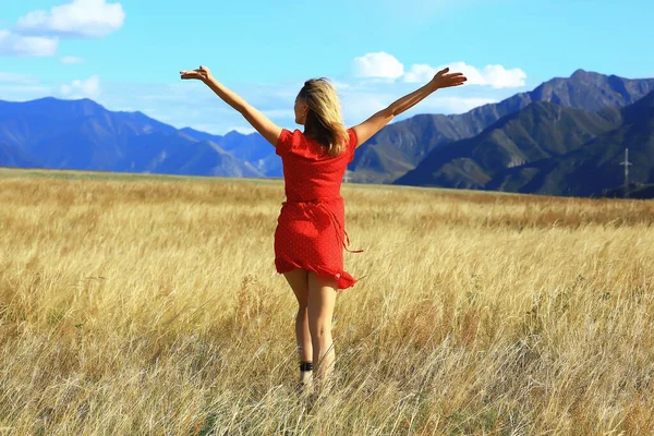 Dağlar Seyahat Ediyor Kız Özgürlük Mutluluk Kavramı Aktif — Stok fotoğraf