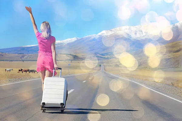 Sexy Girl Dress Suitcase Highway Summer Travel Freedom Woman Tourist — Stock Photo, Image