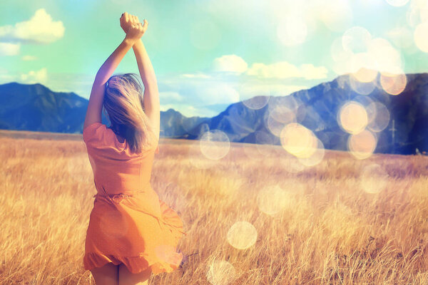 mountains travel field girl, freedom and happiness concept active