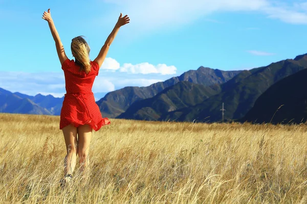 girl in the field mountains dress freedom, eco friendly, summer landscape active rest