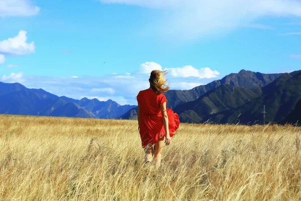 Fille Dans Domaine Montagnes Robe Liberté Respectueux Environnement Paysage Été — Photo