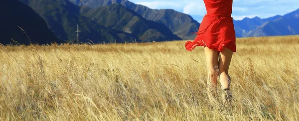 Montagna Viaggio Campo Ragazza Libertà Felicità Concetto Attivo — Foto Stock