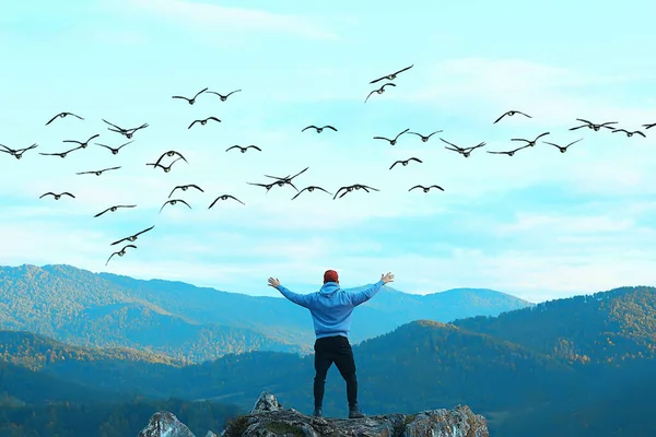 Pessoa Voando Pássaros Liberdade Montanhas Vencedor Férias Conceito Natureza Paisagem — Fotografia de Stock