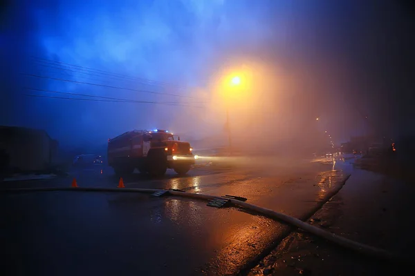 Vologda Russia September Fire Red Truck Night City Fire Smoke — Stock Photo, Image
