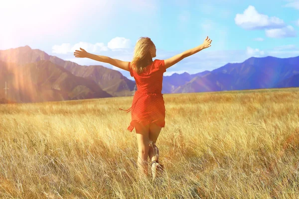 Chica Campo Montañas Vestido Libertad Respetuoso Del Medio Ambiente Paisaje —  Fotos de Stock