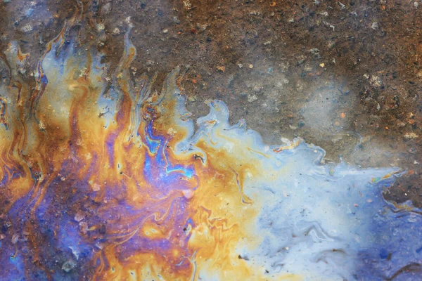 Gemorste Benzine Regenboog Achtergrond Industriële Gevaar Morsen Vervuiling Abstracte Textuur — Stockfoto