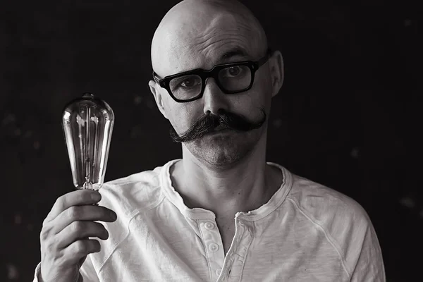 Light Bulb Male Idea Mustache Vintage Concept Light Lamp Guy — Stock Photo, Image