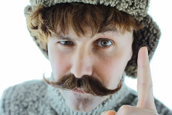 Hipster Man Lång Mustasch Stil Ansikte Vintage Frisör Retro Mode — Stockfoto