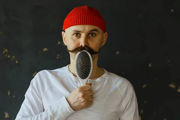 Hipster Man Lange Snor Stijl Gezicht Vintage Kapperszaak Retro Mode — Stockfoto