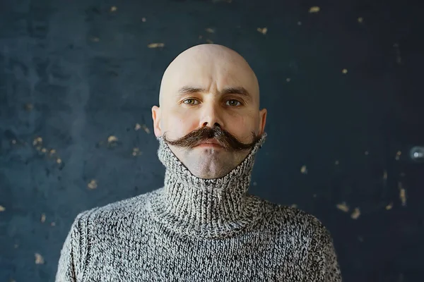 Hipster Man Lång Mustasch Stil Ansikte Vintage Frisör Retro Mode — Stockfoto