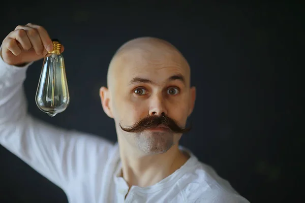 Light Bulb Male Idea Mustache Vintage Concept Light Lamp Guy — Stock Photo, Image