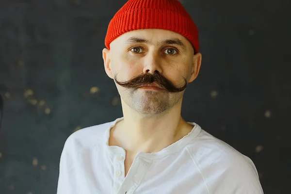 Hipster Man Lång Mustasch Stil Ansikte Vintage Frisör Retro Mode — Stockfoto