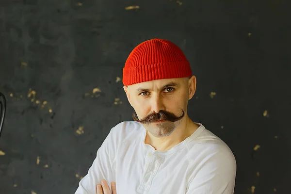 Hipster Man Lång Mustasch Stil Ansikte Vintage Frisör Retro Mode — Stockfoto