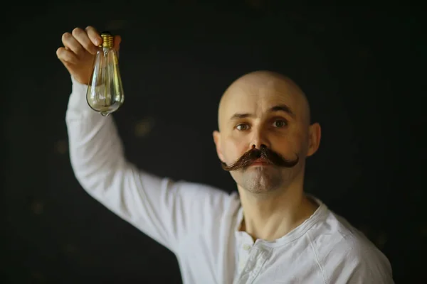 Light Bulb Male Idea Mustache Vintage Concept Light Lamp Guy — Stock Photo, Image