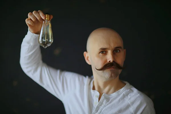 Light Bulb Male Idea Mustache Vintage Concept Light Lamp Guy — Stock Photo, Image
