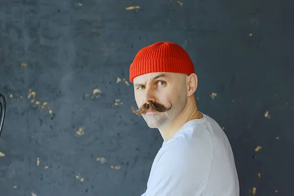 Hipster Man Lange Snor Stijl Gezicht Vintage Kapperszaak Retro Mode — Stockfoto