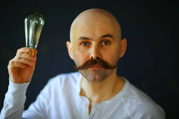 Light Bulb Male Idea Mustache Vintage Concept Light Lamp Guy — Stock Photo, Image