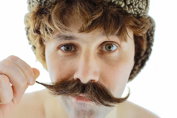 Hipster Man Lång Mustasch Stil Ansikte Vintage Frisör Retro Mode — Stockfoto