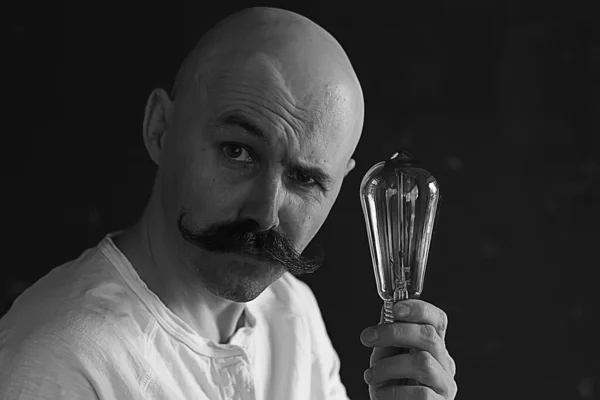 Light Bulb Male Idea Mustache Vintage Concept Light Lamp Guy — Stock Photo, Image