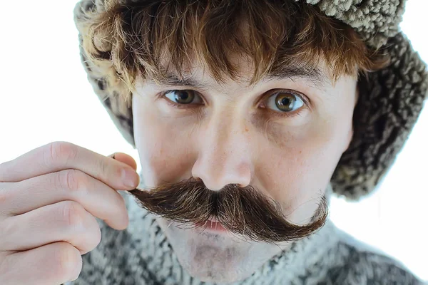 Hipster Man Lång Mustasch Stil Ansikte Vintage Frisör Retro Mode — Stockfoto