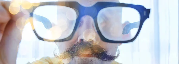 Big Vintage Mustache Man Glasses Man Portrait Unusual Look — Stock Photo, Image