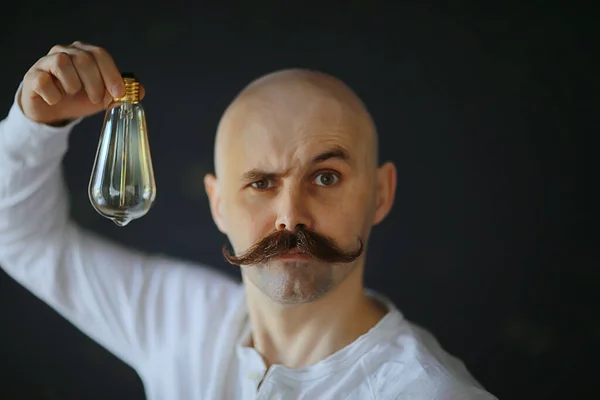 Light Bulb Male Idea Mustache Vintage Concept Light Lamp Guy — Stock Photo, Image