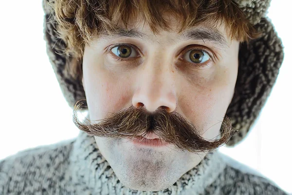 Hipster Man Lång Mustasch Stil Ansikte Vintage Frisör Retro Mode — Stockfoto