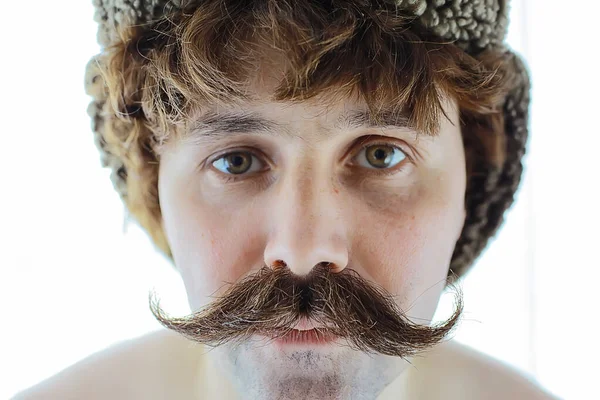 Hipster Man Lång Mustasch Stil Ansikte Vintage Frisör Retro Mode — Stockfoto