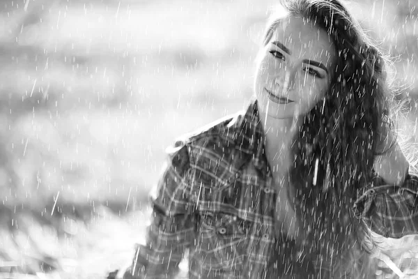 Happy Young Female Girl Portrait Summer Rain Country Style — Stock Photo, Image