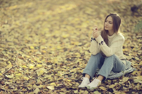 女孩坐在秋天的公园里 秋天的季节在9月的森林里 — 图库照片