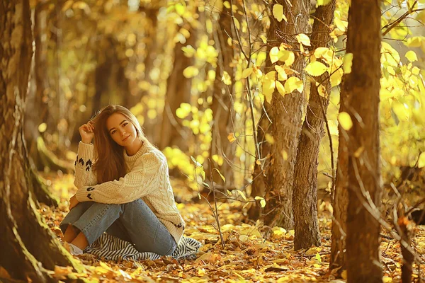 Autunno Ragazza Maglione Maglia Stile Stile Vita Parco Aspetto Attraente — Foto Stock