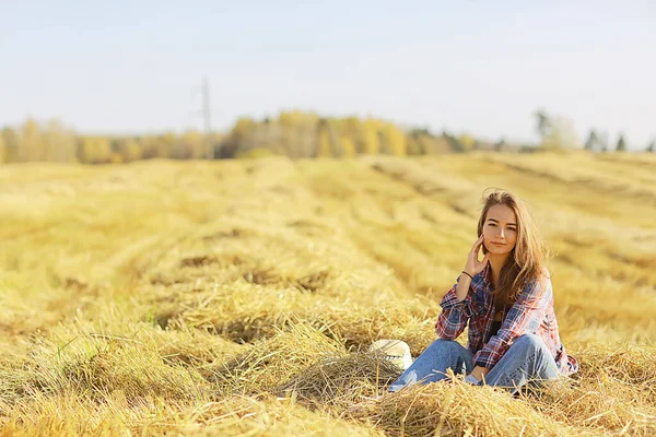 Model Girl Country Shirt Cage Field Straw Young Summer Landscape — Stock Photo, Image