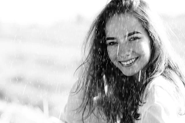 Happy Young Female Girl Portrait Summer Rain Country Style — Stock Photo, Image