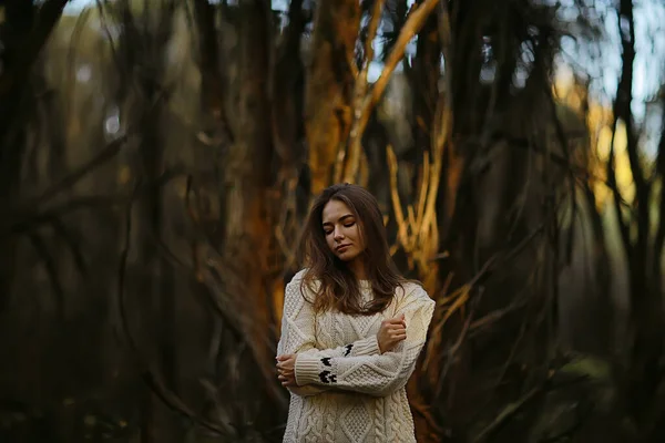 Chica Triste Parque Otoño Estrés Soledad Joven Mujer — Foto de Stock