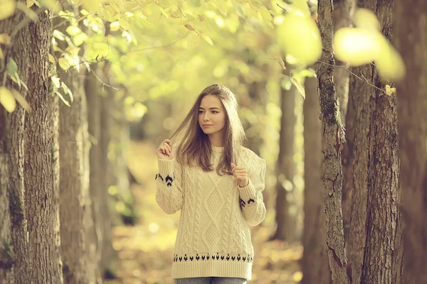 Autunno Ragazza Maglione Maglia Stile Stile Vita Parco Aspetto Attraente — Foto Stock