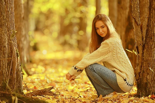 Ragazza Seduta Parco Autunnale Stagione Autunnale Settembre Nella Foresta — Foto Stock