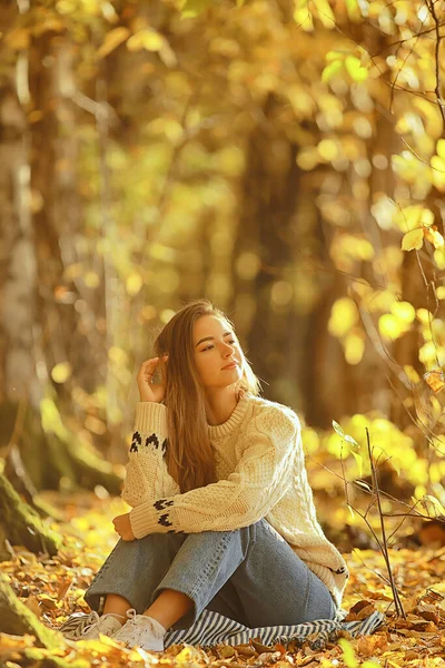 Suéter Menina Outono Estilo Tricô Parque Estilo Vida Olhar Atraente — Fotografia de Stock
