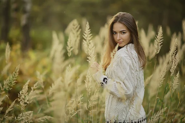 Jesień Dziewczyna Sweter Dzianina Styl Życia Park Atrakcyjny Wygląd — Zdjęcie stockowe