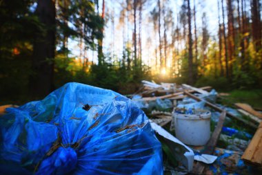 Orman çöplüğü ekoloji konsepti, kirlilik doğa koruma ormanı çöplerden