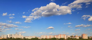 Şehrin sınırında yaz manzarası. Evlerin arka planında sarı çiçekli karahindibalar var.