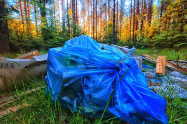 Orman çöplüğü ekoloji konsepti, kirlilik doğa koruma ormanı çöplerden